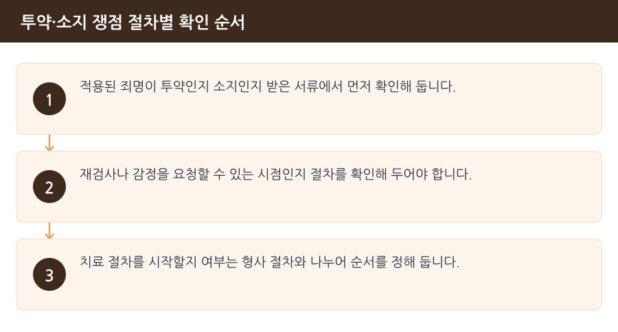 투약·소지 쟁점 절차별 확인 순서 흐름도 — 부천마약변호사