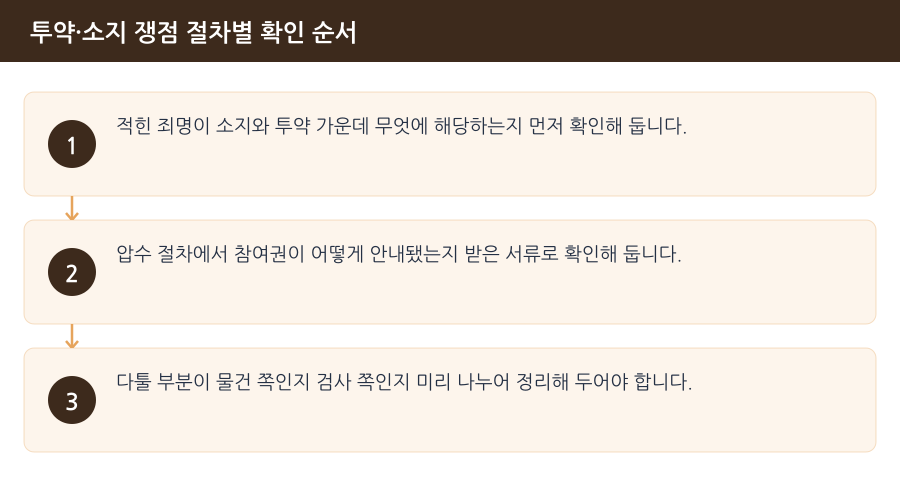 투약·소지 쟁점 절차별 확인 순서 흐름도 — 시흥마약변호사