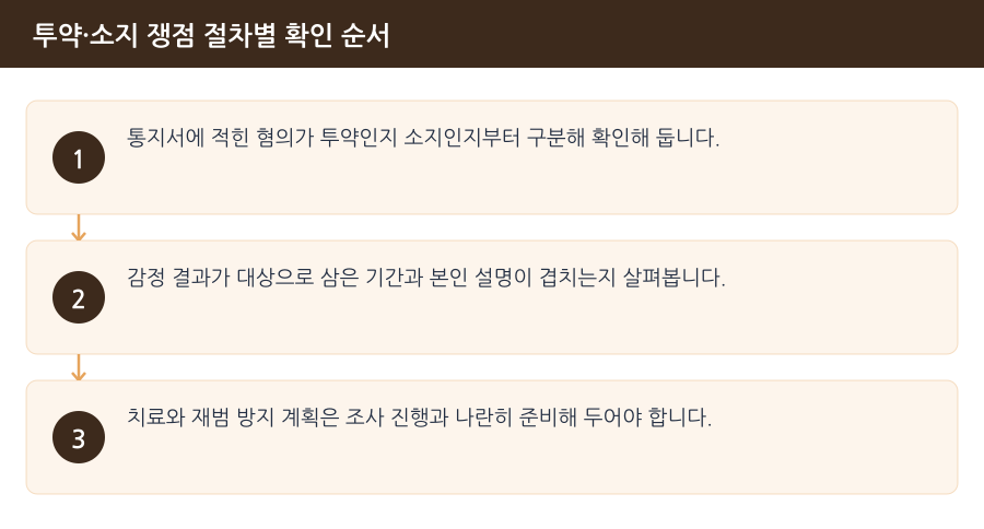 투약·소지 쟁점 절차별 확인 순서 흐름도 — 김포마약변호사