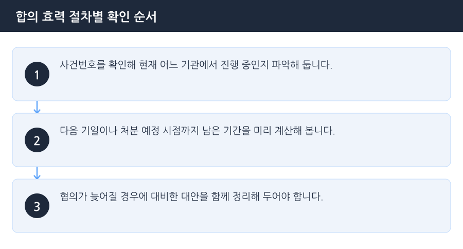 합의 효력 절차별 확인 순서 흐름도 — 시흥형사합의변호사