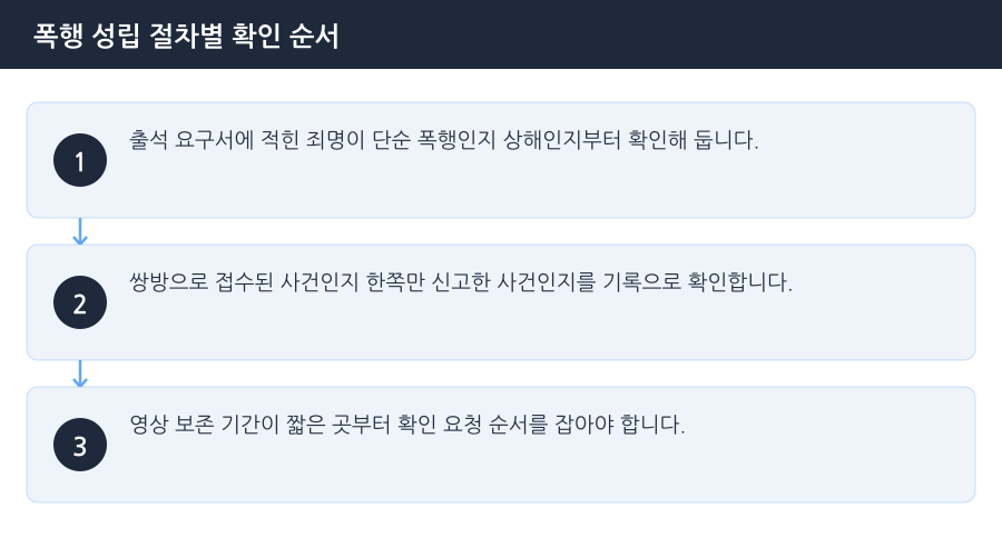 폭행 성립 절차별 확인 순서 흐름도 — 김포폭행변호사