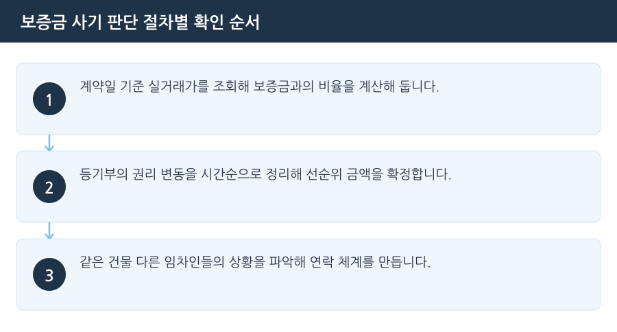 보증금 사기 판단 절차별 확인 순서 흐름도 — 시흥전세사기변호사