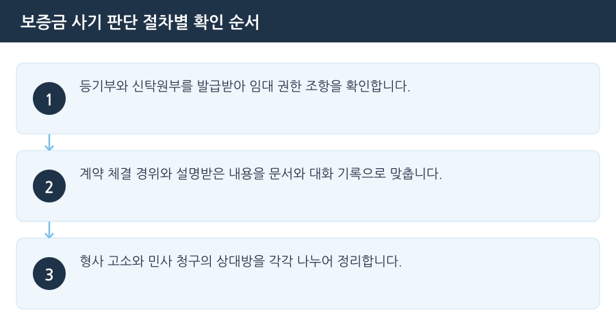 보증금 사기 판단 절차별 확인 순서 흐름도 — 부천전세사기변호사