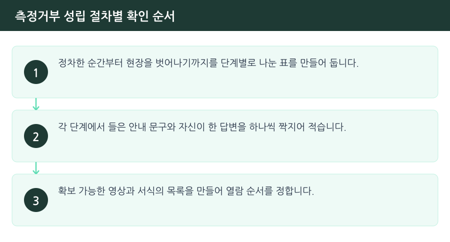 측정거부 성립 절차별 확인 순서 흐름도 — 시흥음주측정거부변호사