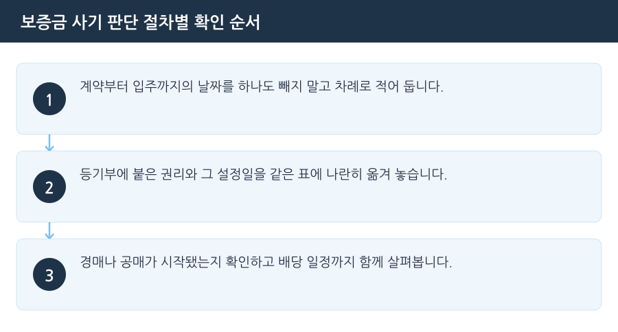 보증금 사기 판단 절차별 확인 순서 흐름도 — 인천전세사기변호사